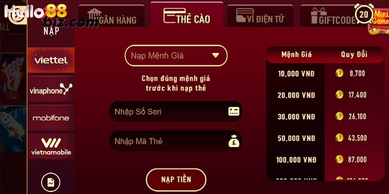 Nạp tiền Hello88 bằng thẻ cào 